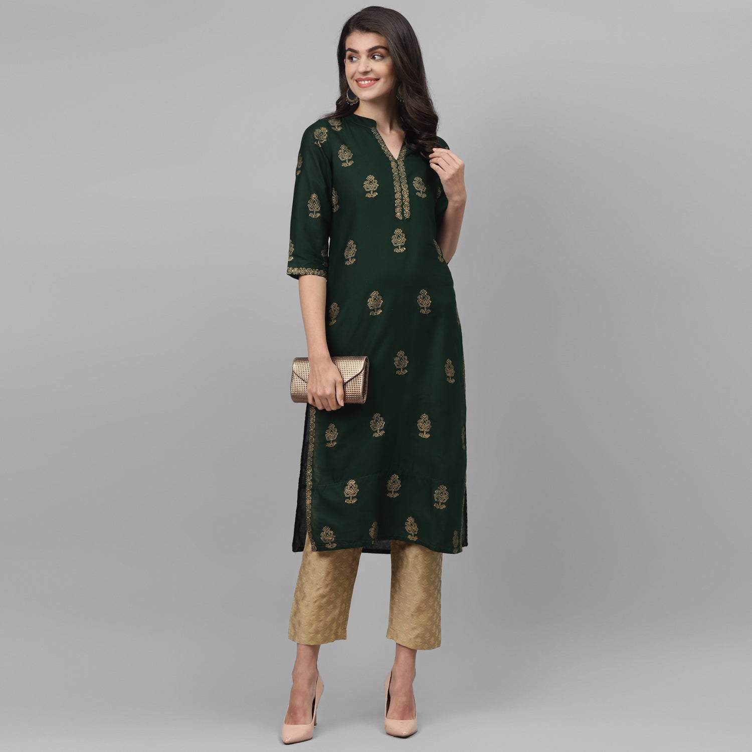 Maai Rayon Hand Printed Kurta Green | Grocsy