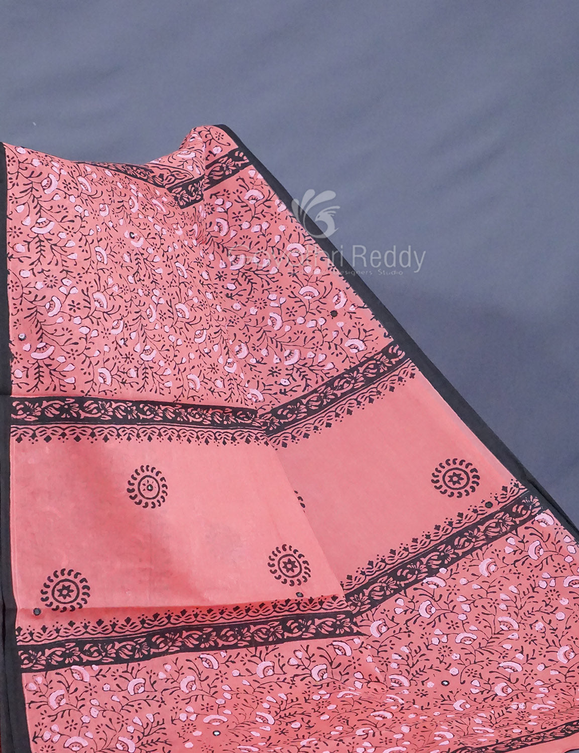 Peach Colour Block Print With Mirron Embroidered Pure Mulmul Cotton Saree By Gayathri Reddy Designer Studio | Grocsy