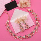 Tehzeeb Creations Rose Gold Pleated White Diamond With Blue Beads Necklace Set | Grocsy