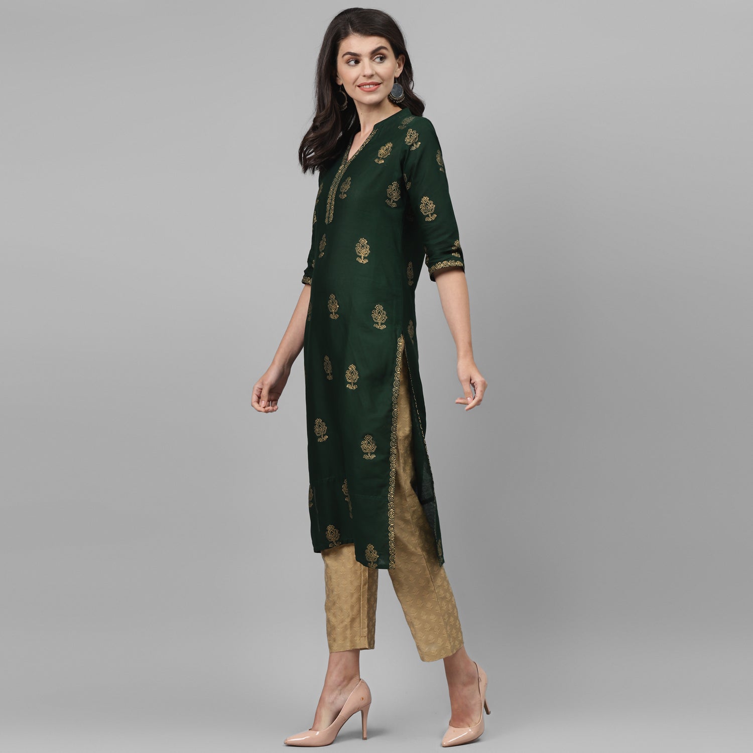 Maai Rayon Hand Printed Kurta Green | Grocsy