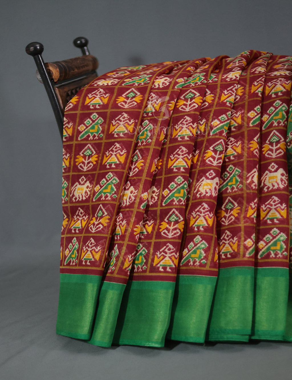 Shades of Maroon And Parrot Green Blouse Patola Print Semi Chanderi Saree By Gayathri Reddy Designer Studio | Grocsy
