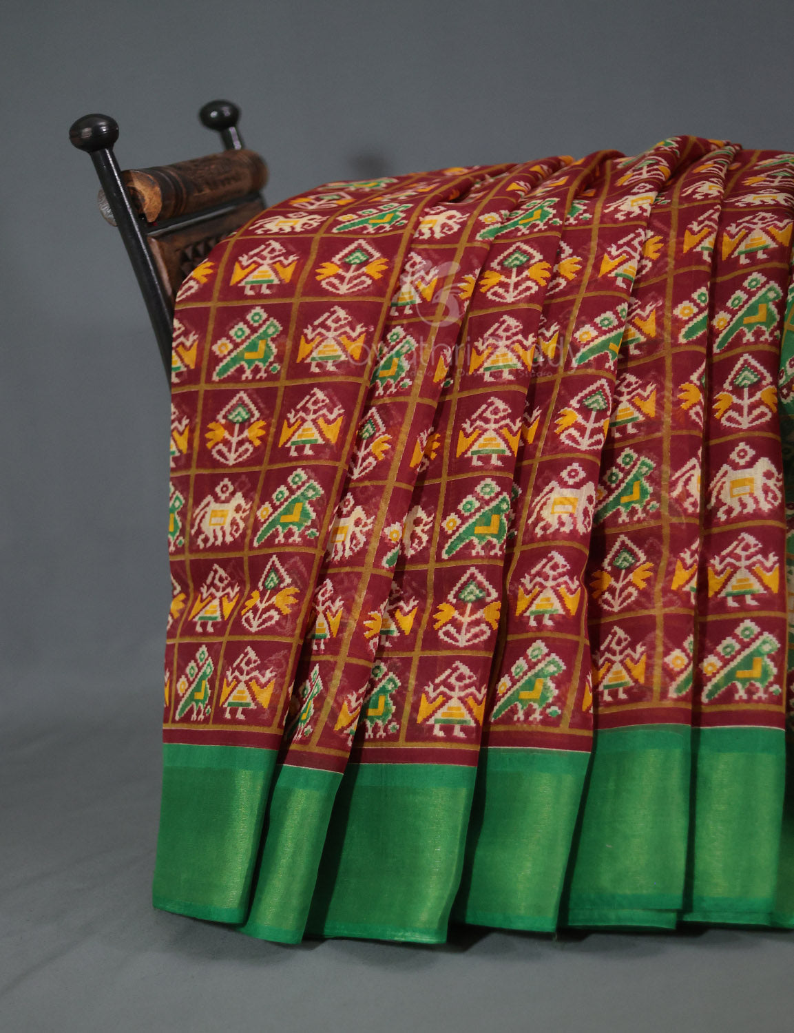 Shades of Maroon And Parrot Green Blouse Patola Print Semi Chanderi Saree By Gayathri Reddy Designer Studio | Grocsy