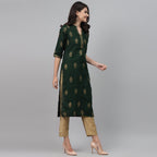Maai Rayon Hand Printed Kurta Green | Grocsy