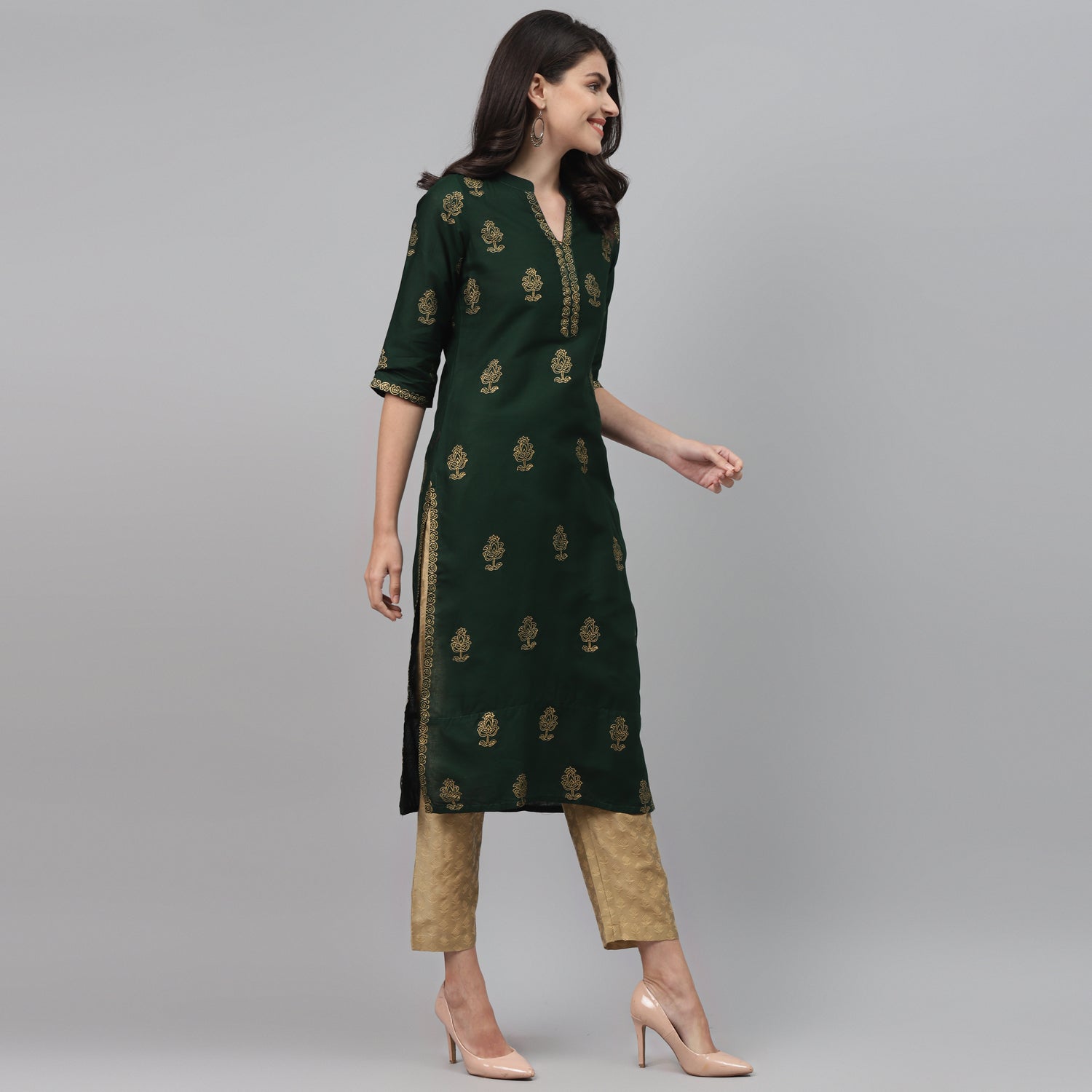 Maai Rayon Hand Printed Kurta Green | Grocsy