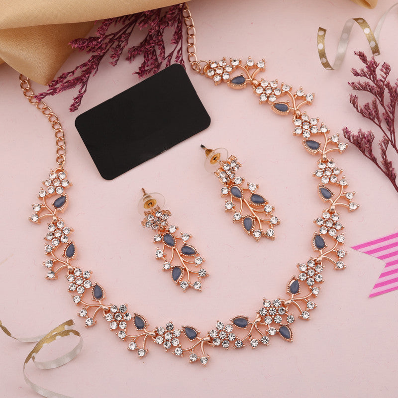 Tehzeeb Creations Rose Gold Pleated White Diamond With Blue Beads Necklace Set | Grocsy