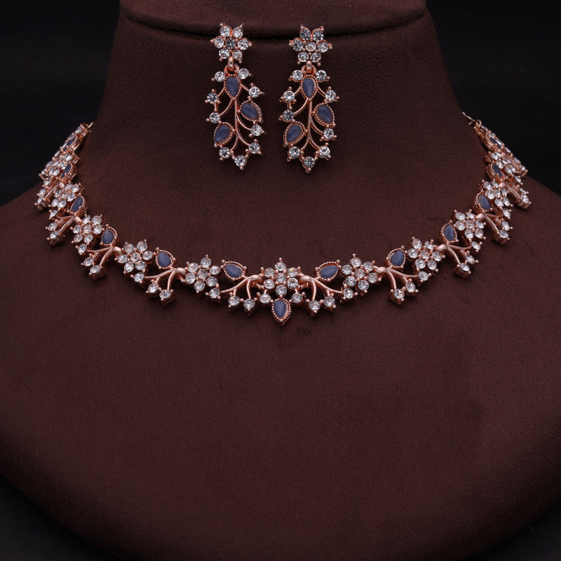 Tehzeeb Creations Rose Gold Pleated White Diamond With Blue Beads Necklace Set | Grocsy