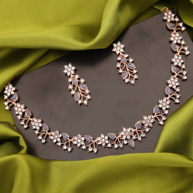 Tehzeeb Creations Rose Gold Pleated White Diamond With Blue Beads Necklace Set | Grocsy