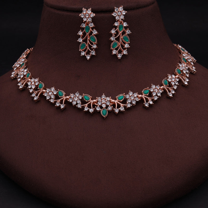 Tehzeeb Creations Rose Gold Pleated White Diamond With Green Beads Necklace Set | Grocsy