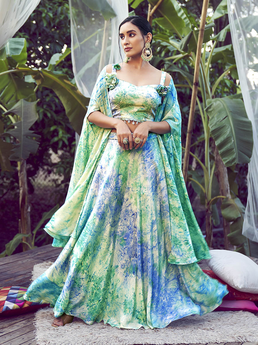 Myra Sky Silk Digital Printed Designer Lehenga | Grocsy