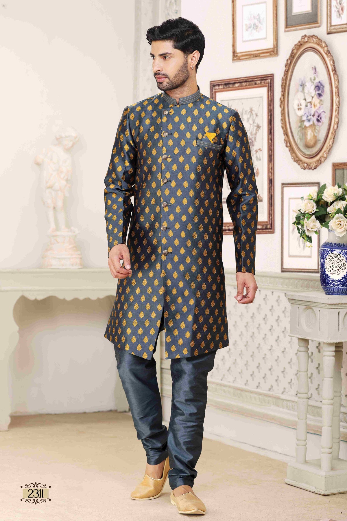 Raivat Ethnic Banarasi Jacquard Embroidery Semi Indo Western Sherwani In Grey Blue Colour | Grocsy