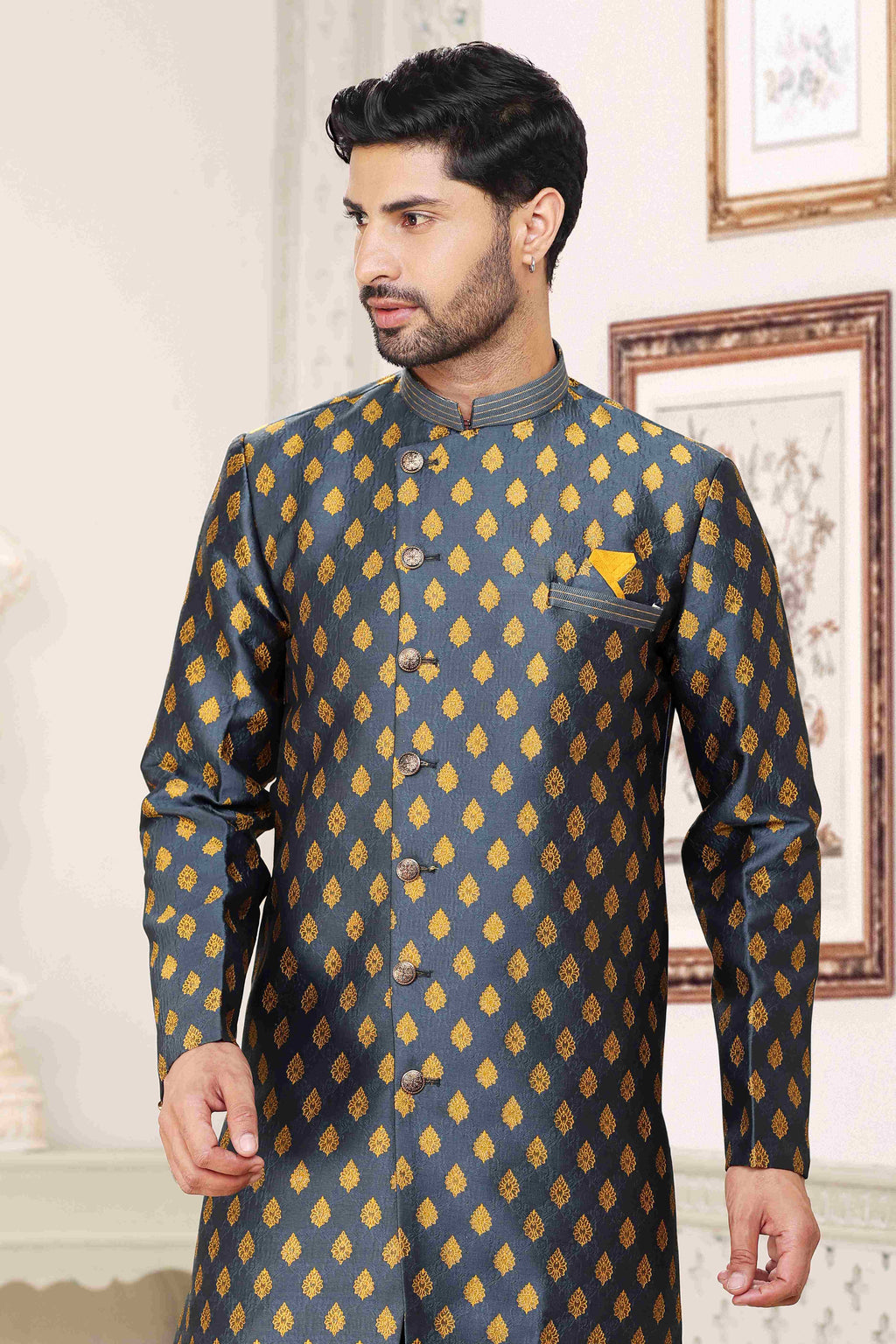 Raivat Ethnic Banarasi Jacquard Embroidery Semi Indo Western Sherwani In Grey Blue Colour | Grocsy
