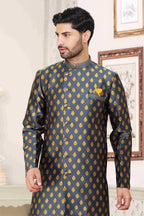 Raivat Ethnic Banarasi Jacquard Embroidery Semi Indo Western Sherwani In Grey Blue Colour | Grocsy