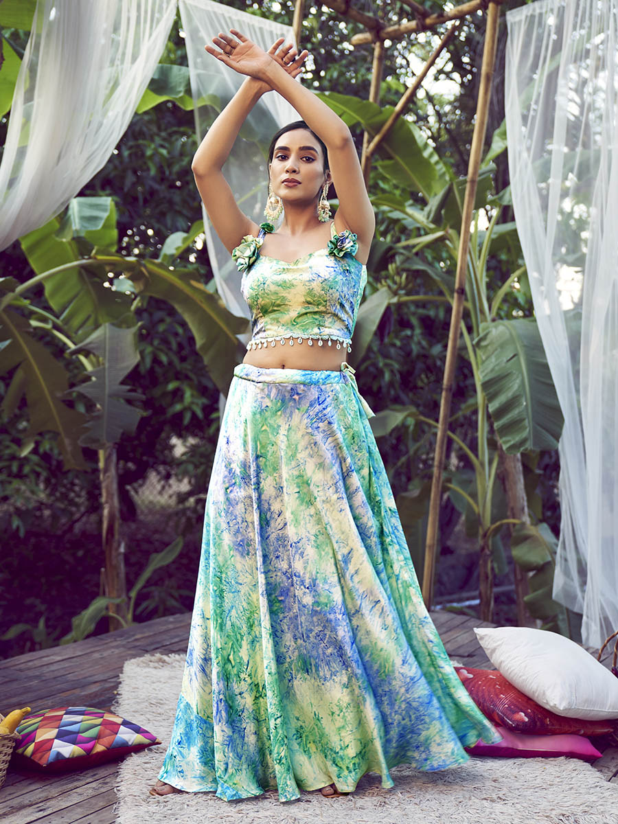 Myra Sky Silk Digital Printed Designer Lehenga | Grocsy