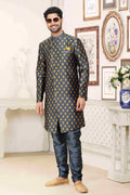 Raivat Ethnic Banarasi Jacquard Embroidery Semi Indo Western Sherwani In Grey Blue Colour | Grocsy