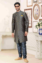 Raivat Ethnic Banarasi Jacquard Embroidery Semi Indo Western Sherwani In Grey Blue Colour | Grocsy