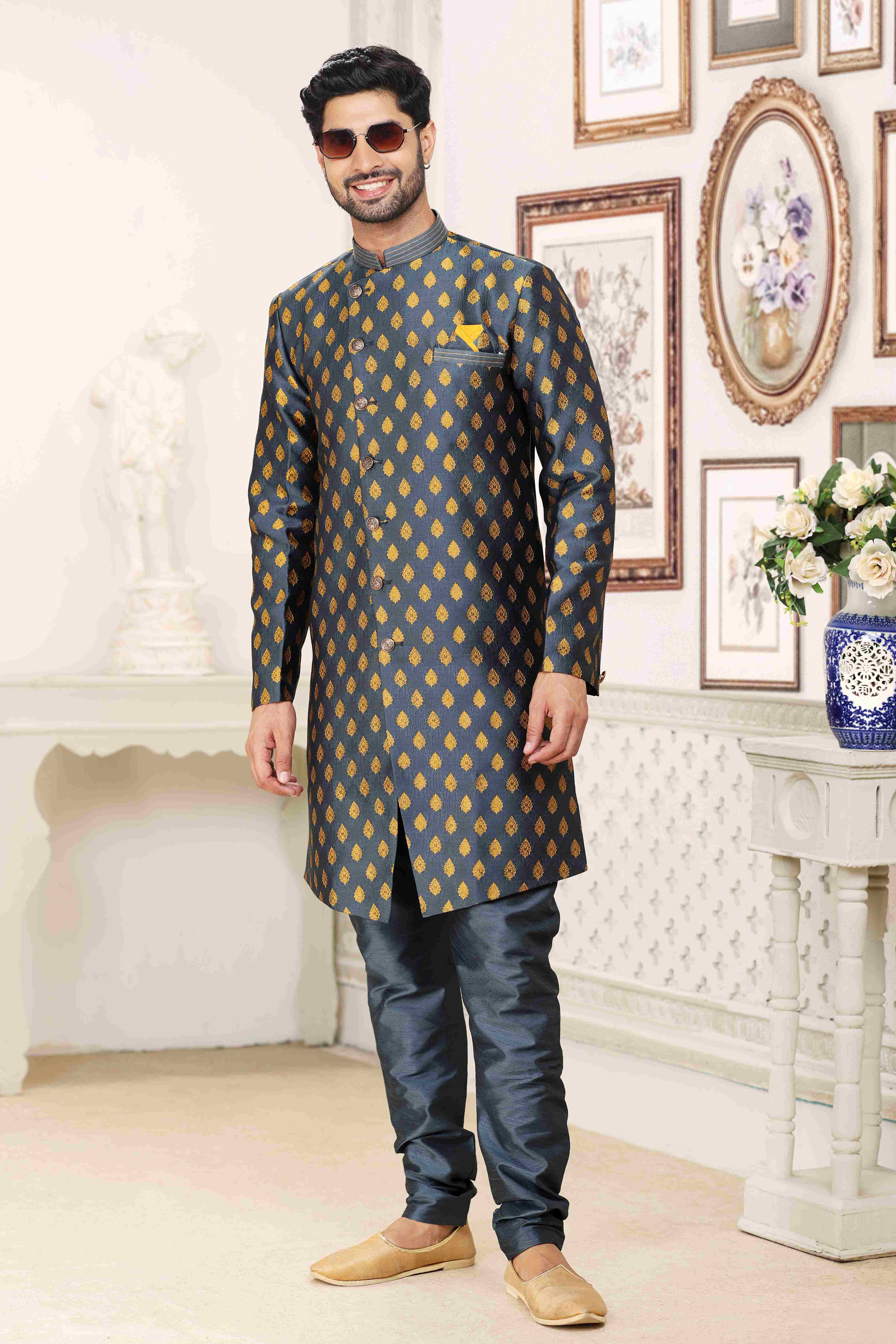 Raivat Ethnic Banarasi Jacquard Embroidery Semi Indo Western Sherwani In Grey Blue Colour | Grocsy