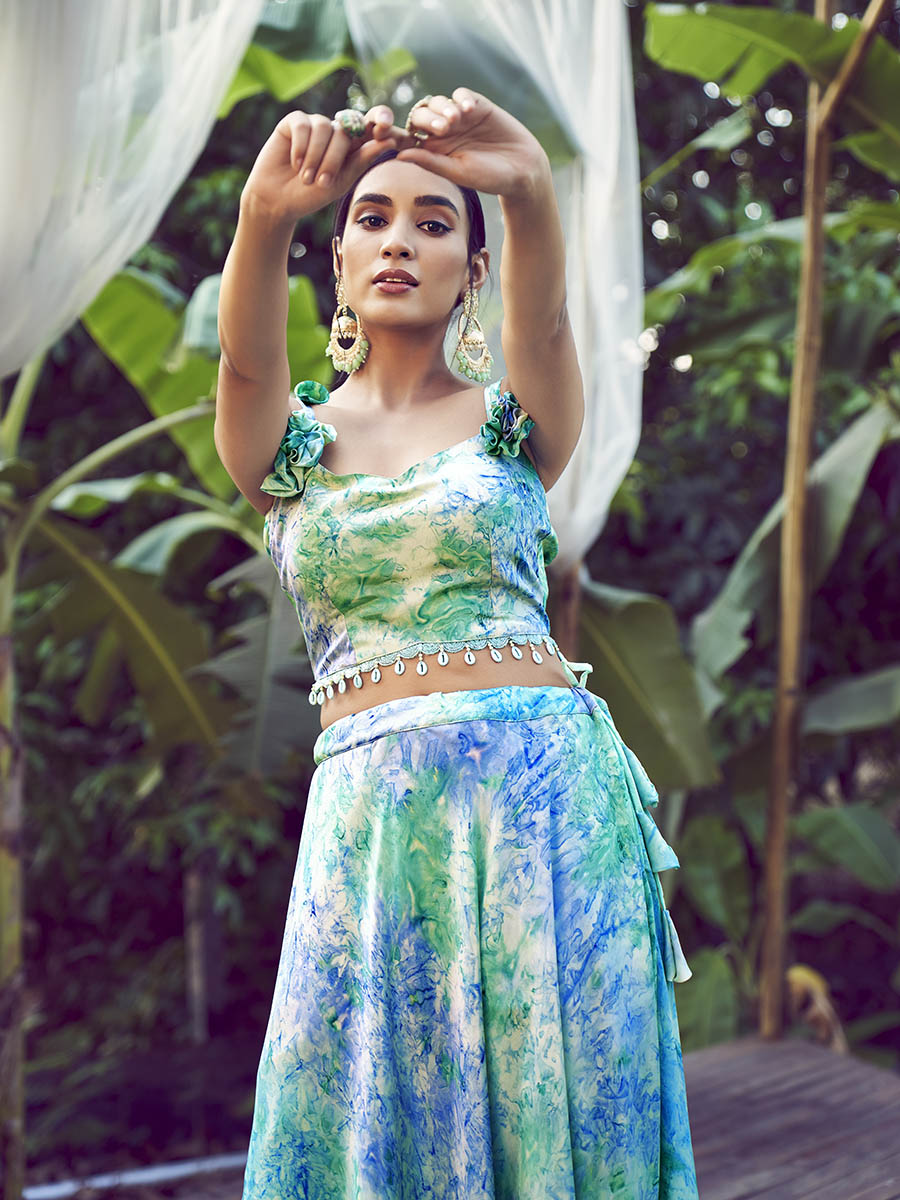 Myra Sky Silk Digital Printed Designer Lehenga | Grocsy