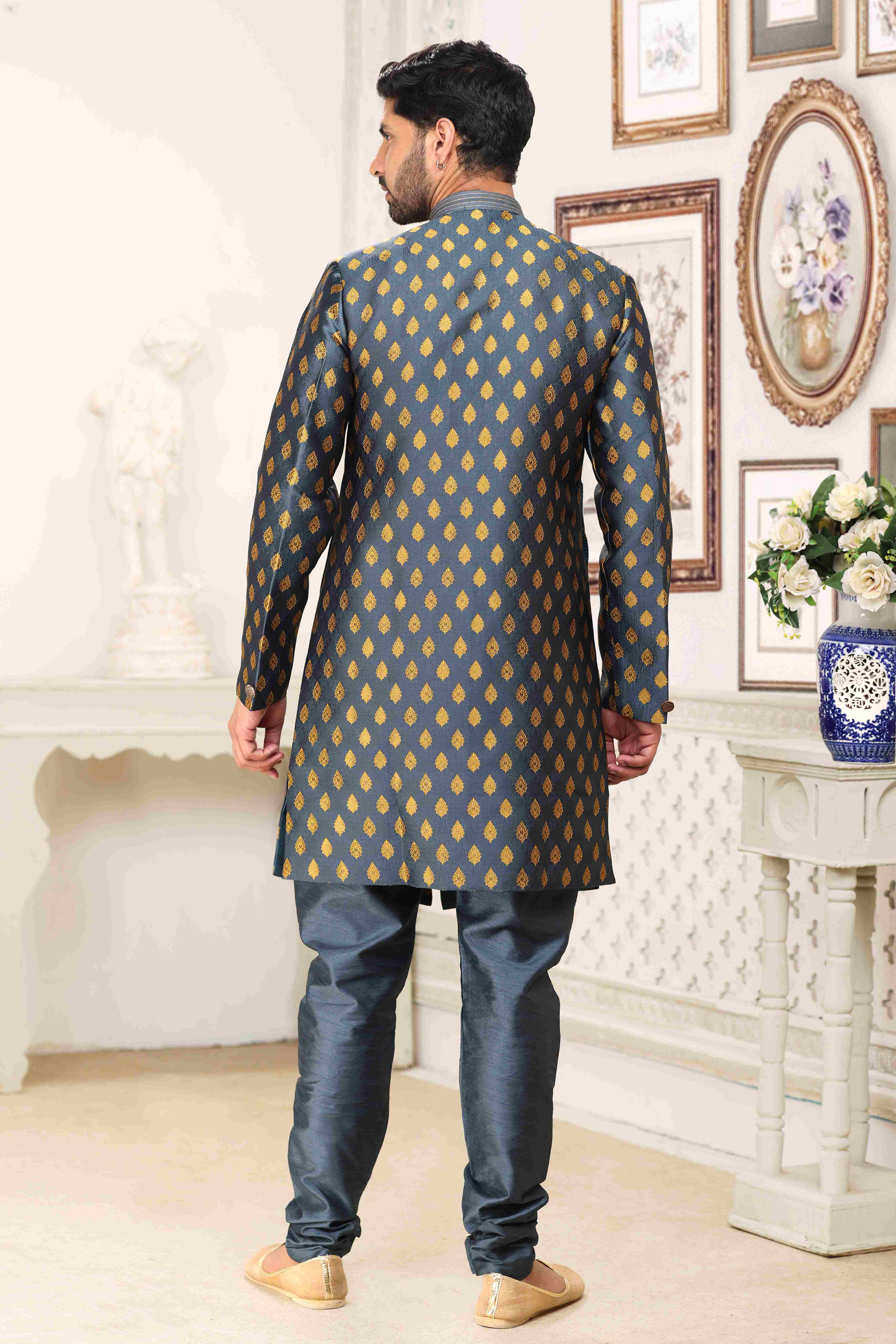 Raivat Ethnic Banarasi Jacquard Embroidery Semi Indo Western Sherwani In Grey Blue Colour | Grocsy