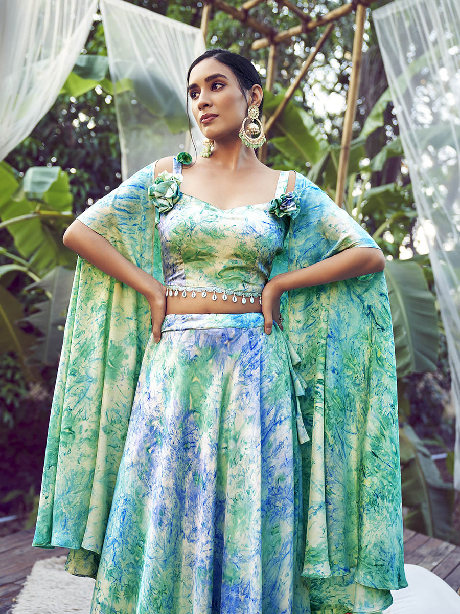 Myra Sky Silk Digital Printed Designer Lehenga | Grocsy