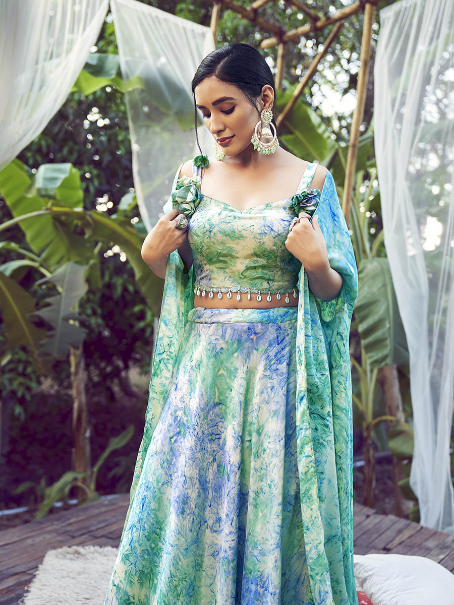 Myra Sky Silk Digital Printed Designer Lehenga | Grocsy