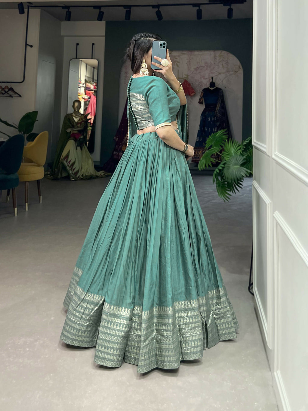 Lorenvalley Seagreen Pure Chanderi Plain With Zari Weaving Work Border Lehenga Choli | Grocsy