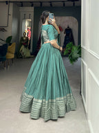 Lorenvalley Seagreen Pure Chanderi Plain With Zari Weaving Work Border Lehenga Choli | Grocsy