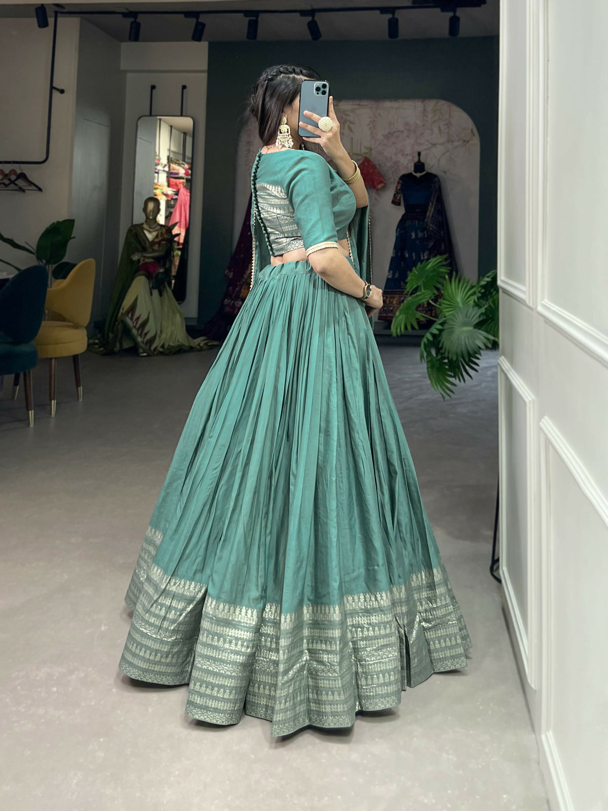 Lorenvalley Seagreen Pure Chanderi Plain With Zari Weaving Work Border Lehenga Choli | Grocsy