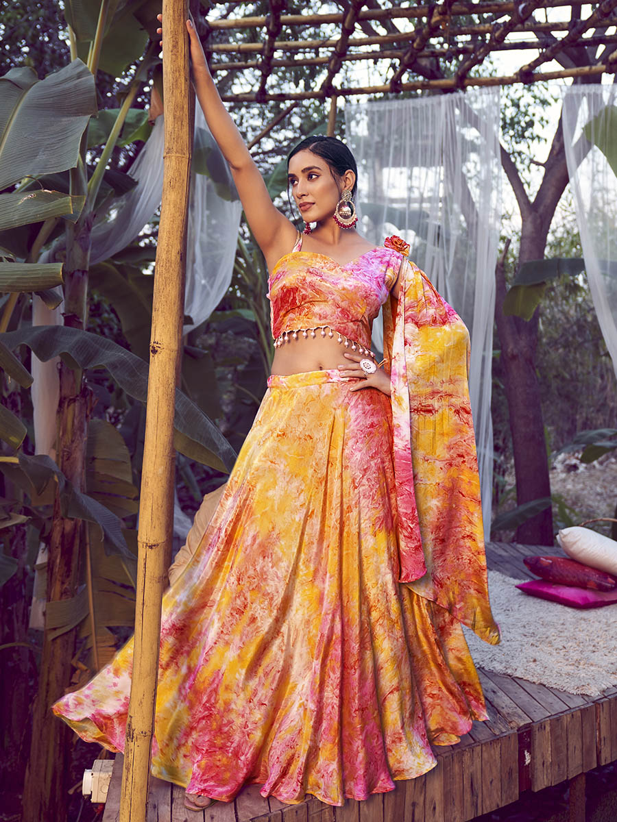 Myra Orange Silk Digital Printed Designer Lehenga | Grocsy