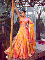 Myra Orange Silk Digital Printed Designer Lehenga | Grocsy