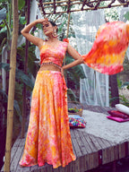 Myra Orange Silk Digital Printed Designer Lehenga | Grocsy