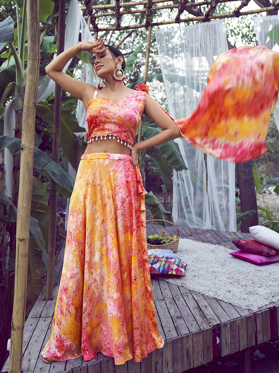 Myra Orange Silk Digital Printed Designer Lehenga | Grocsy