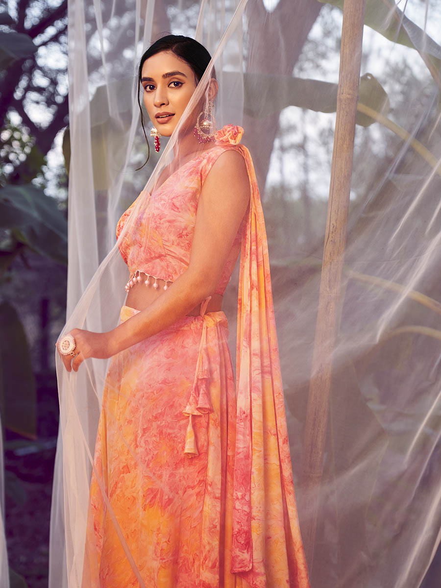 Myra Orange Silk Digital Printed Designer Lehenga | Grocsy