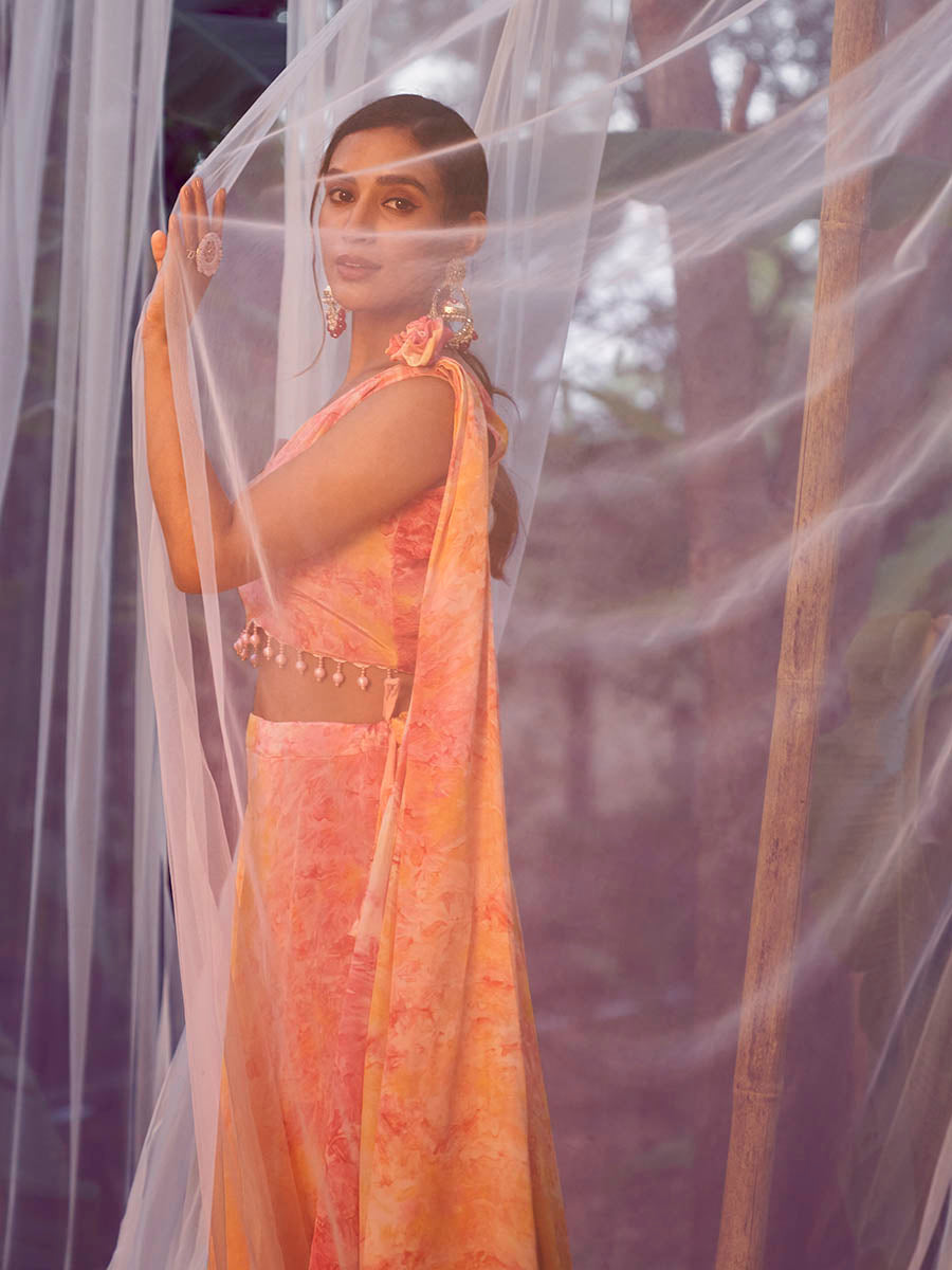 Myra Orange Silk Digital Printed Designer Lehenga | Grocsy