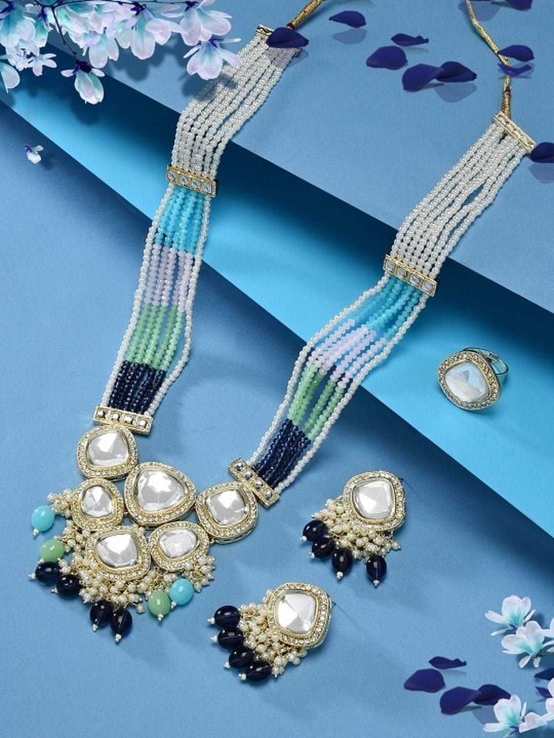 Jewel City Multicolor Beaded Kundan Mirror Necklace Set | Gold-Plated Traditional Indian Jewelry | Ethnic Wedding Statement Set | Grocsy