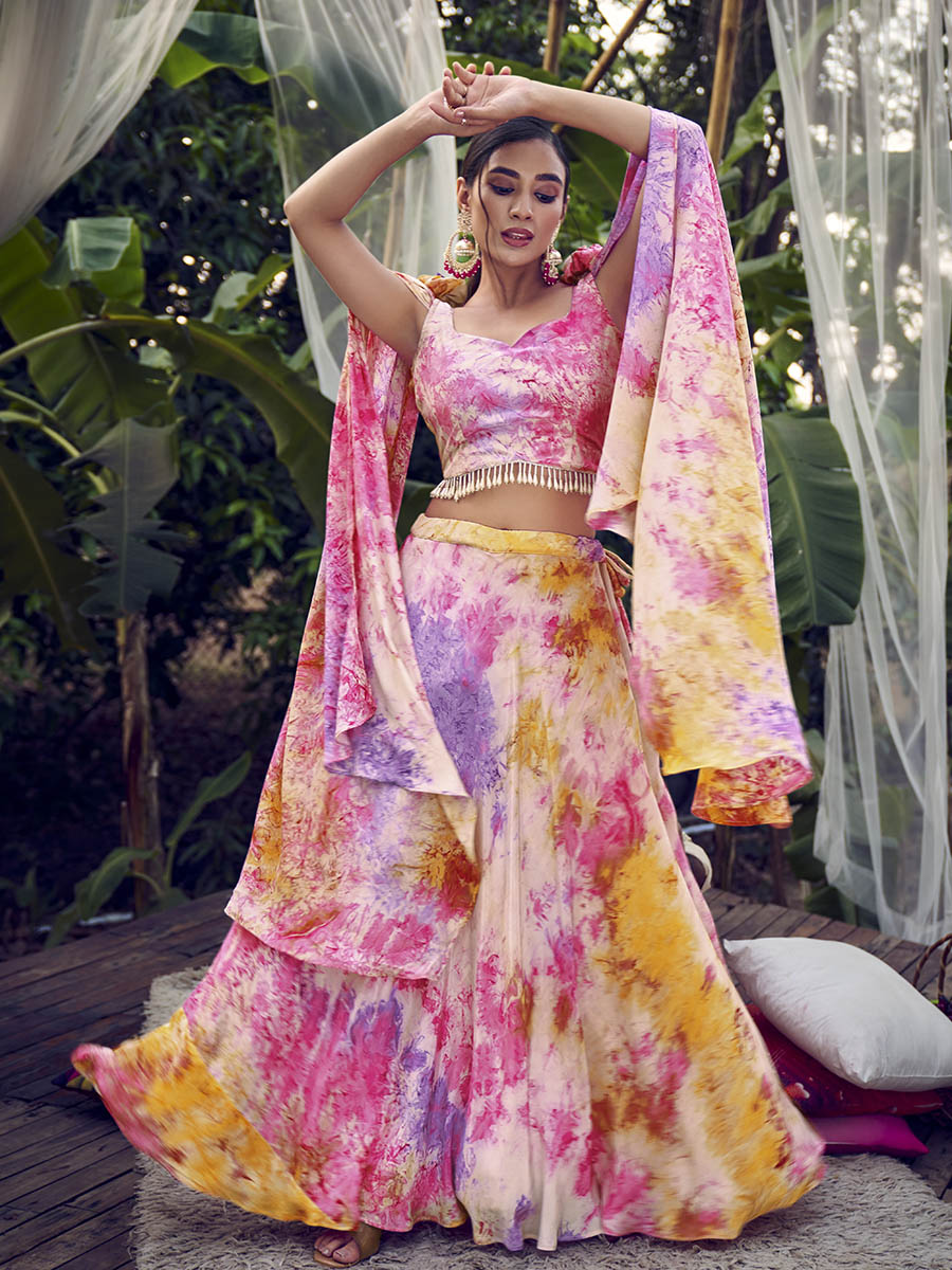 Myra Purple Pink Silk Digital Printed Designer Lehenga | Grocsy
