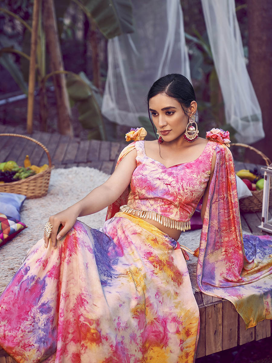 Myra Purple Pink Silk Digital Printed Designer Lehenga | Grocsy
