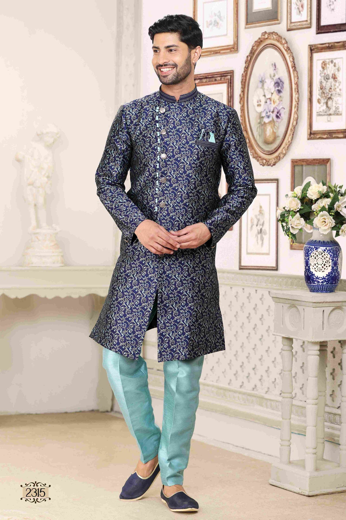 Raivat Ethnic Banarasi Jacquard Embroidery Semi Indo Western Sherwani In Blue Colour | Grocsy