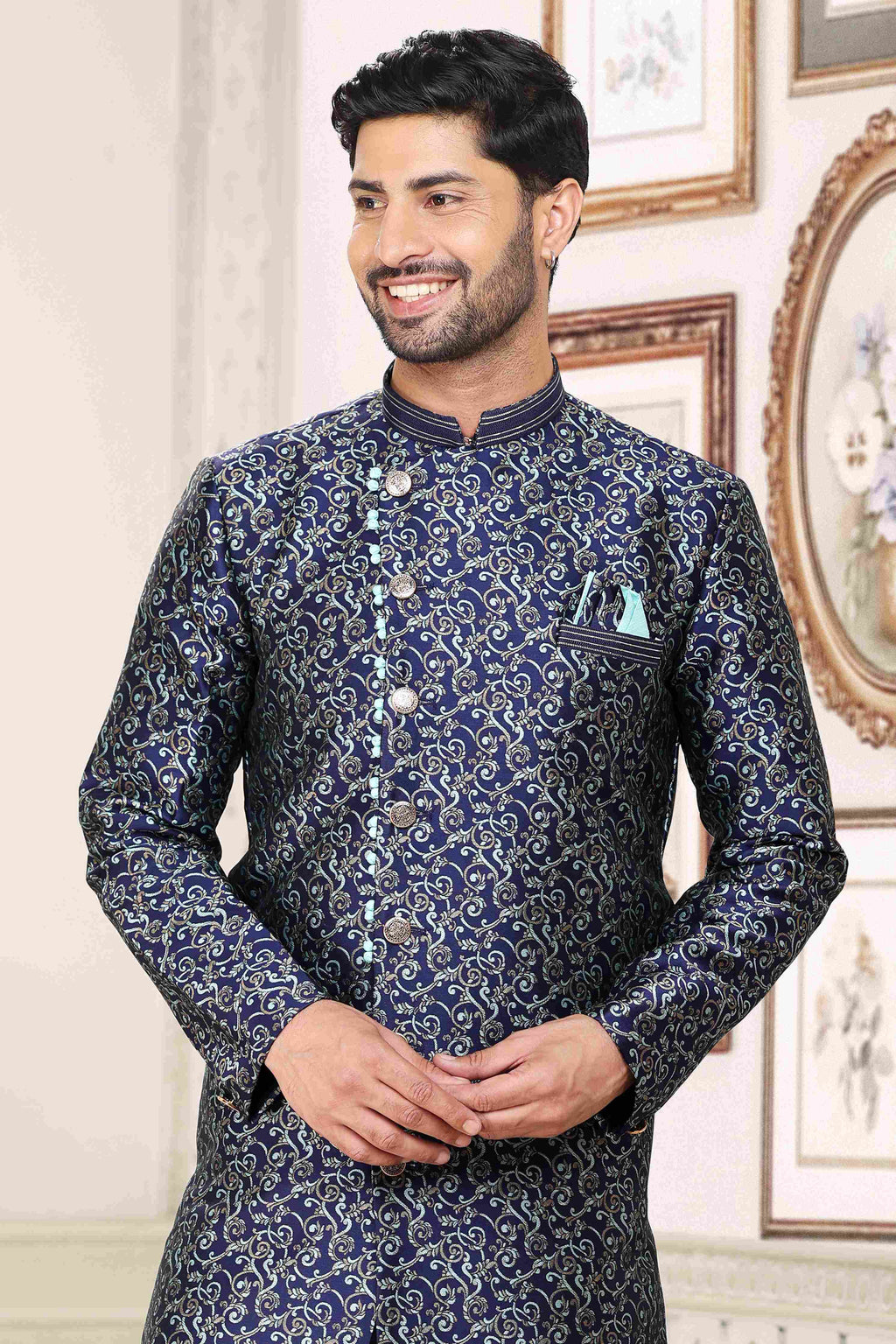 Raivat Ethnic Banarasi Jacquard Embroidery Semi Indo Western Sherwani In Blue Colour | Grocsy