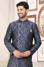 Raivat Ethnic Banarasi Jacquard Embroidery Semi Indo Western Sherwani In Blue Colour | Grocsy