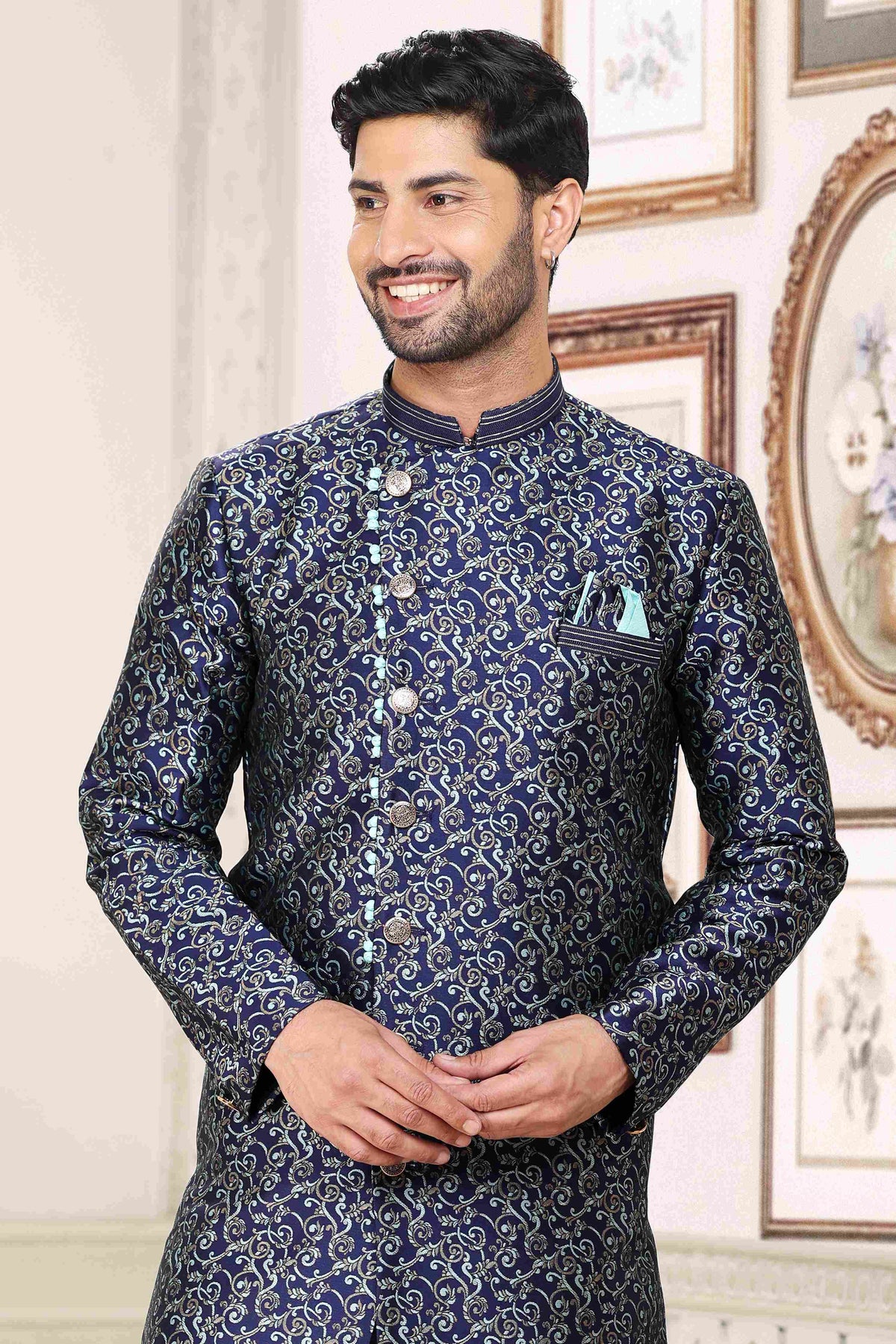 Raivat Ethnic Banarasi Jacquard Embroidery Semi Indo Western Sherwani In Blue Colour | Grocsy