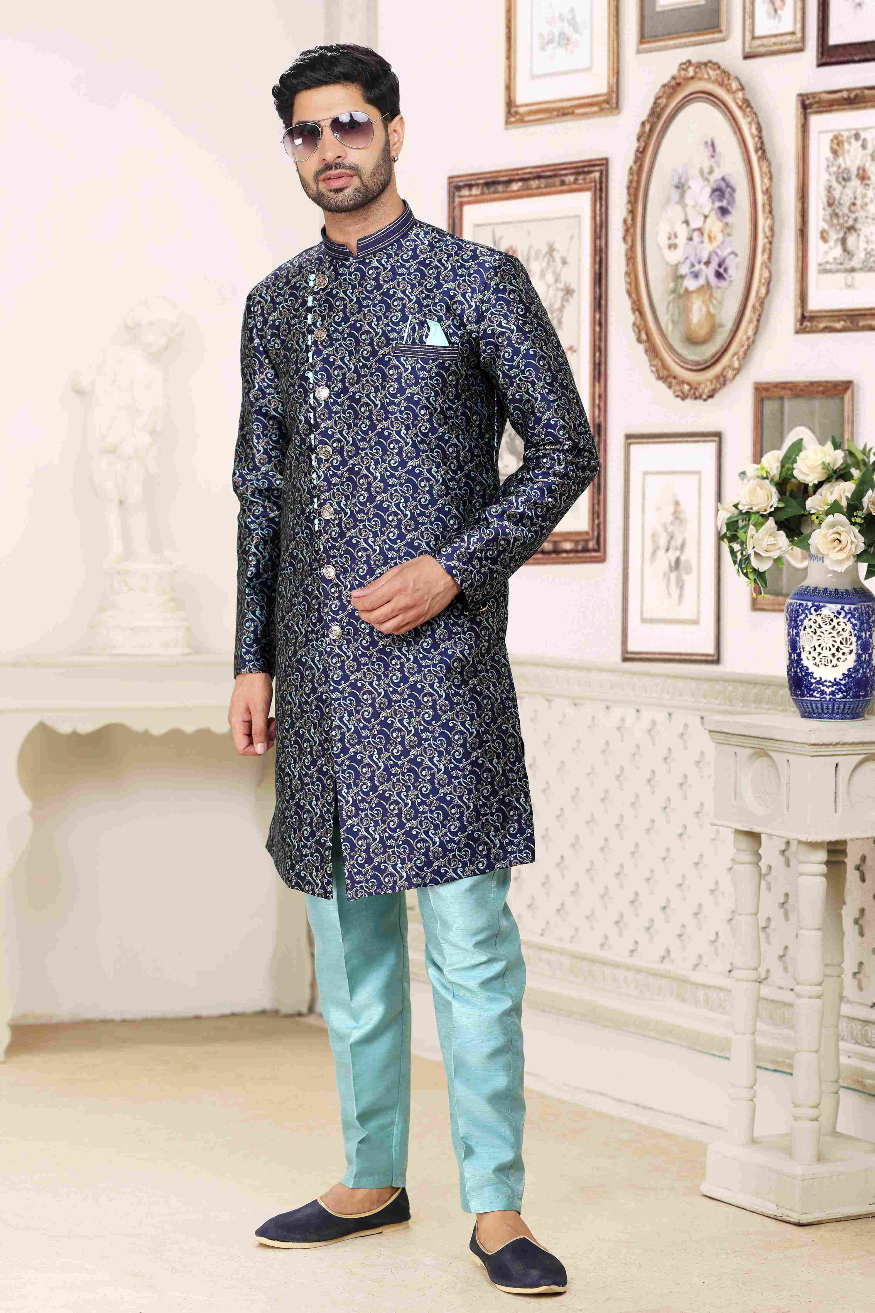 Raivat Ethnic Banarasi Jacquard Embroidery Semi Indo Western Sherwani In Blue Colour | Grocsy