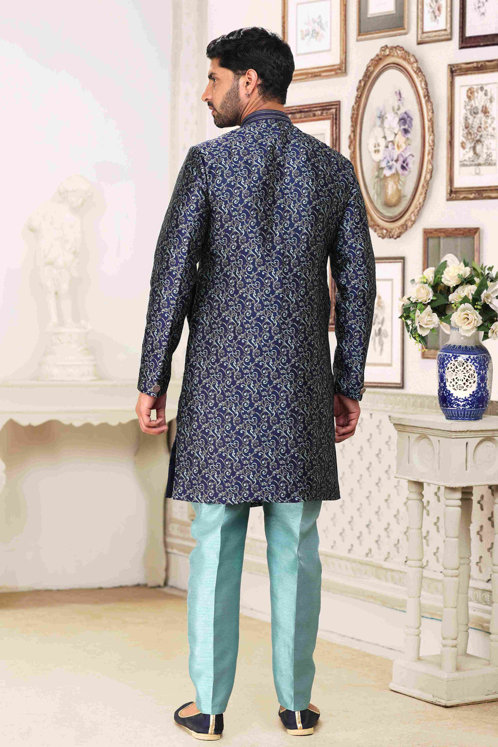 Raivat Ethnic Banarasi Jacquard Embroidery Semi Indo Western Sherwani In Blue Colour | Grocsy