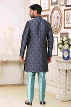 Raivat Ethnic Banarasi Jacquard Embroidery Semi Indo Western Sherwani In Blue Colour | Grocsy