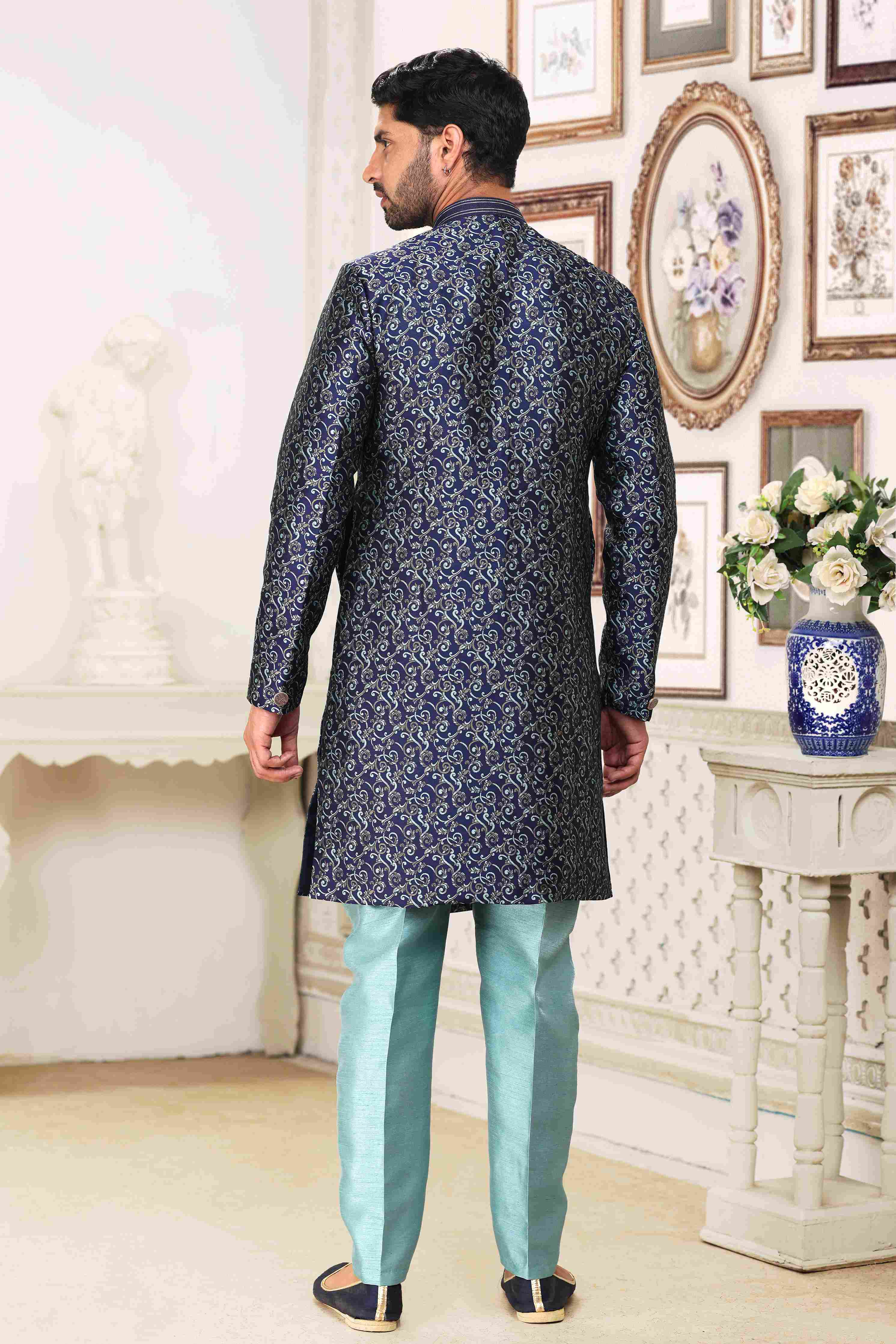 Raivat Ethnic Banarasi Jacquard Embroidery Semi Indo Western Sherwani In Blue Colour | Grocsy