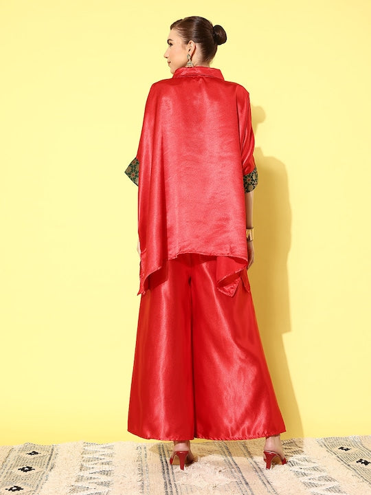 InWeave Women's Red Green Brocade Satin Boho Kurta Palazzo Set | Grocsy