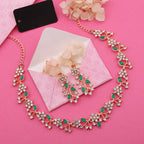 Tehzeeb Creations Rose Gold Pleated White Diamond With Green Beads Necklace Set | Grocsy