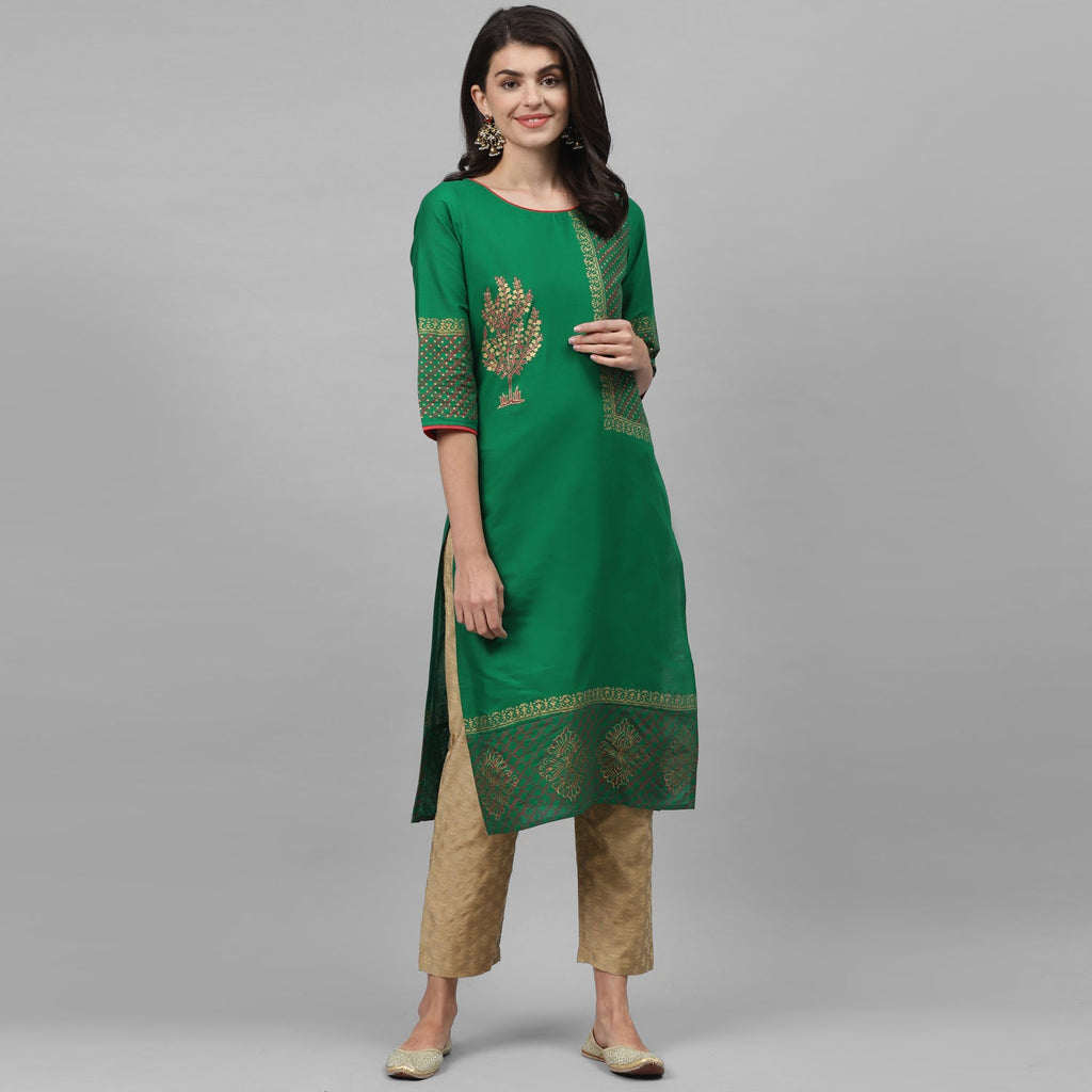Maai Rayon Hand Printed Kurta Green | Grocsy