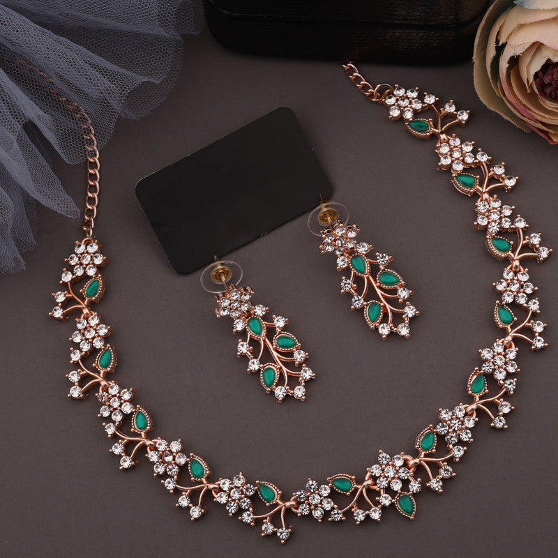 Tehzeeb Creations Rose Gold Pleated White Diamond With Green Beads Necklace Set | Grocsy