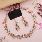 Tehzeeb Creations Rose Gold Pleated White Diamond With Green Beads Necklace Set | Grocsy
