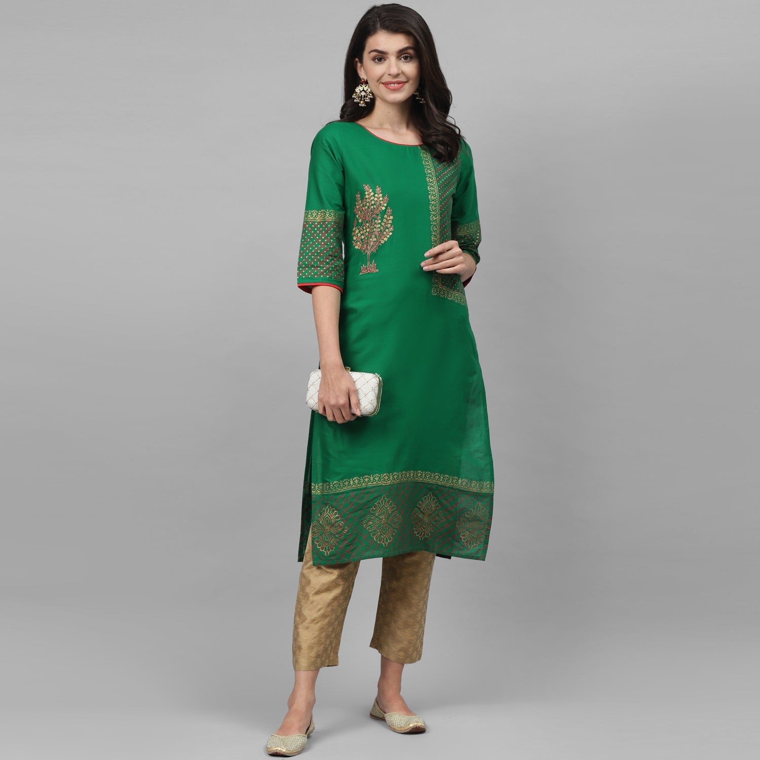 Maai Rayon Hand Printed Kurta Green | Grocsy